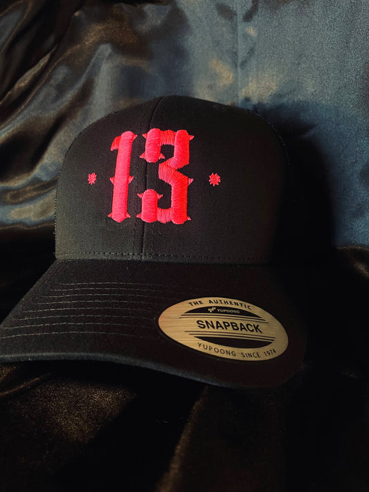 Retro Trucker 13 Snapback Cap - Pink on black