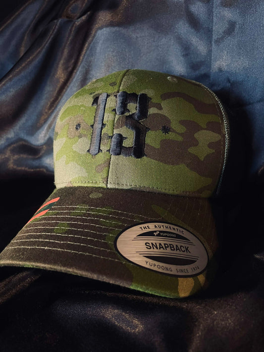 Retro Trucker 13 Snapback Cap - Black on camo